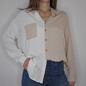 Boutique Two-Tone Button-Up Collared Women's White & Tan Shirt Size Medium
